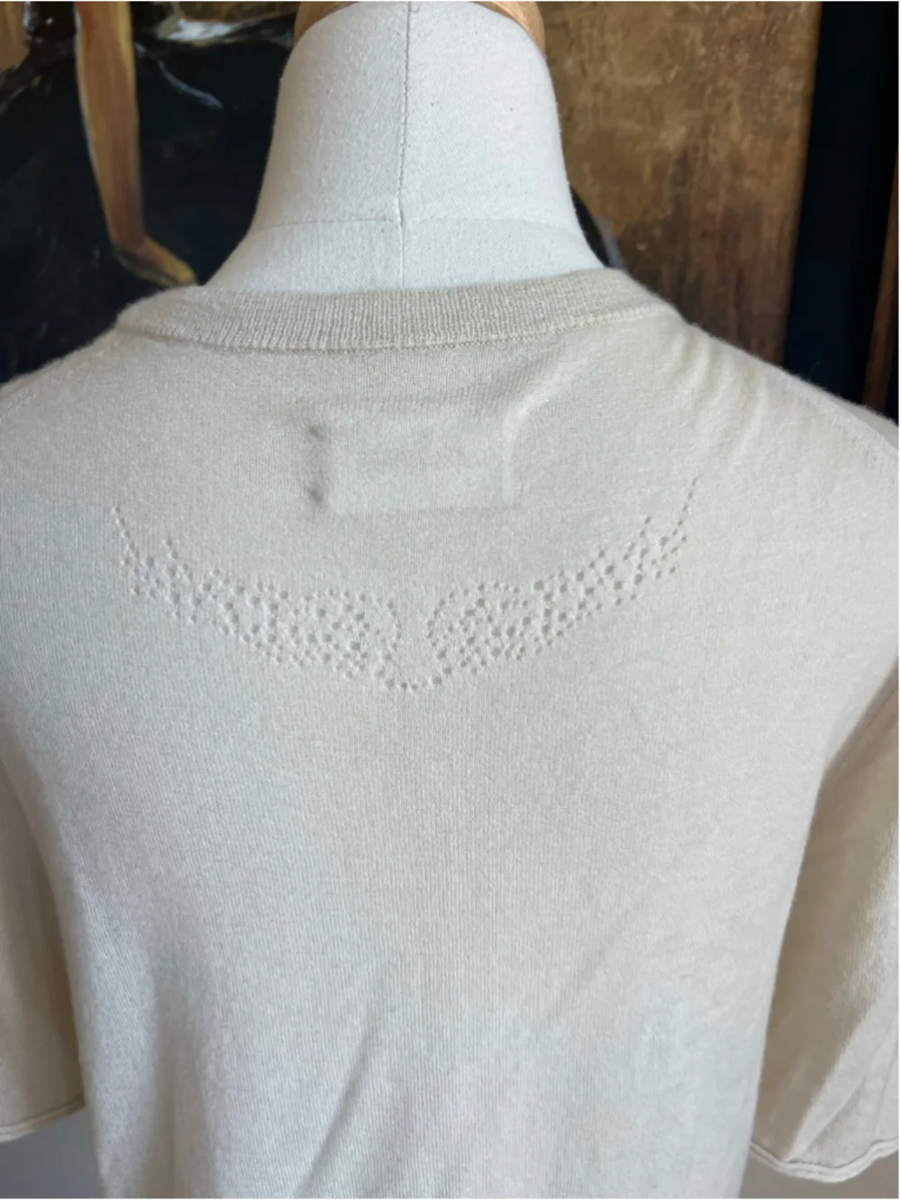 Zadig & Voltaire Beige Cashmere Short Sleeve Tee L Wings on Back Luxury
